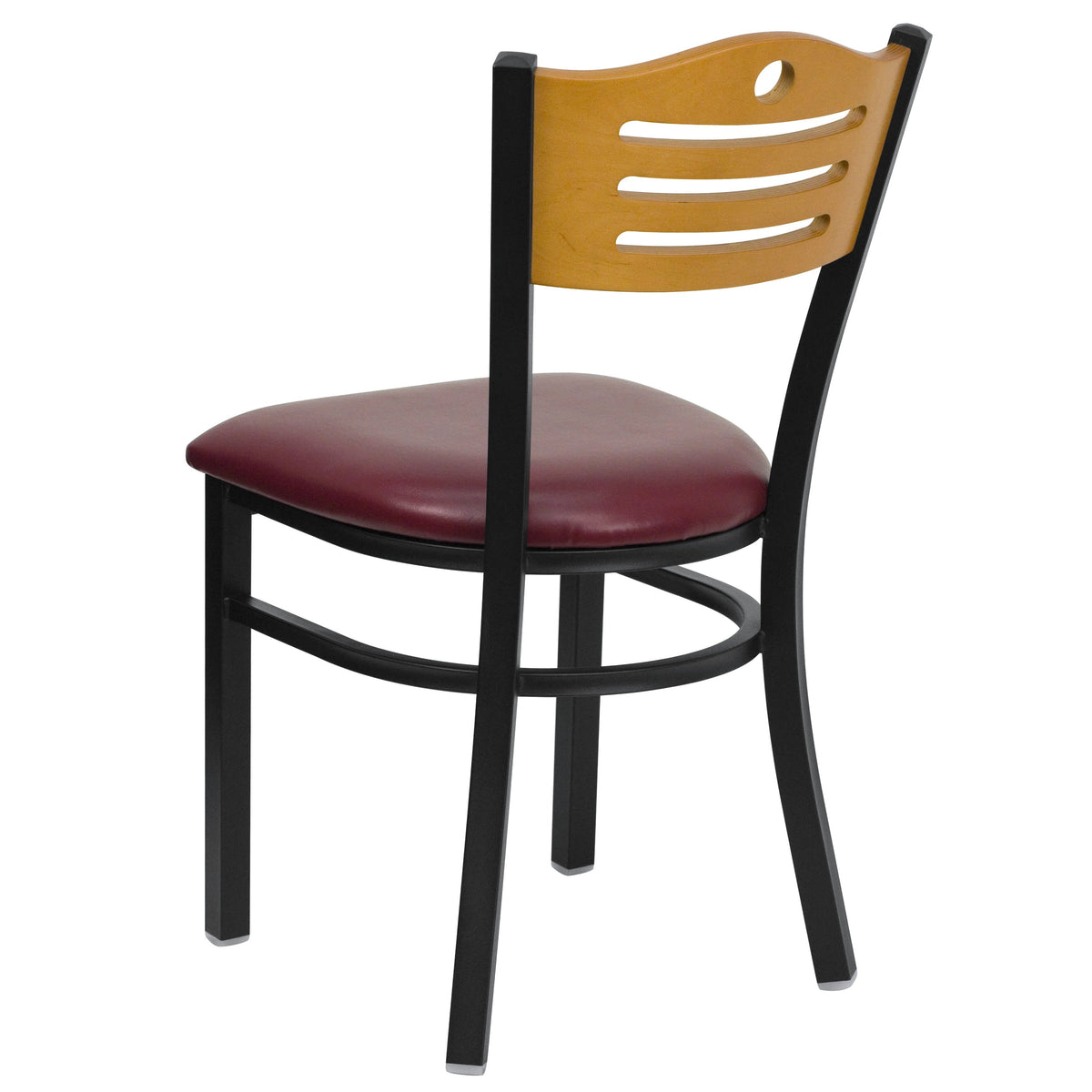 Natural Wood Back/Burgundy Vinyl Seat/Black Metal Frame |#| Black Slat Back Metal Restaurant Chair - Natural Wood Back, Burgundy Vinyl Seat