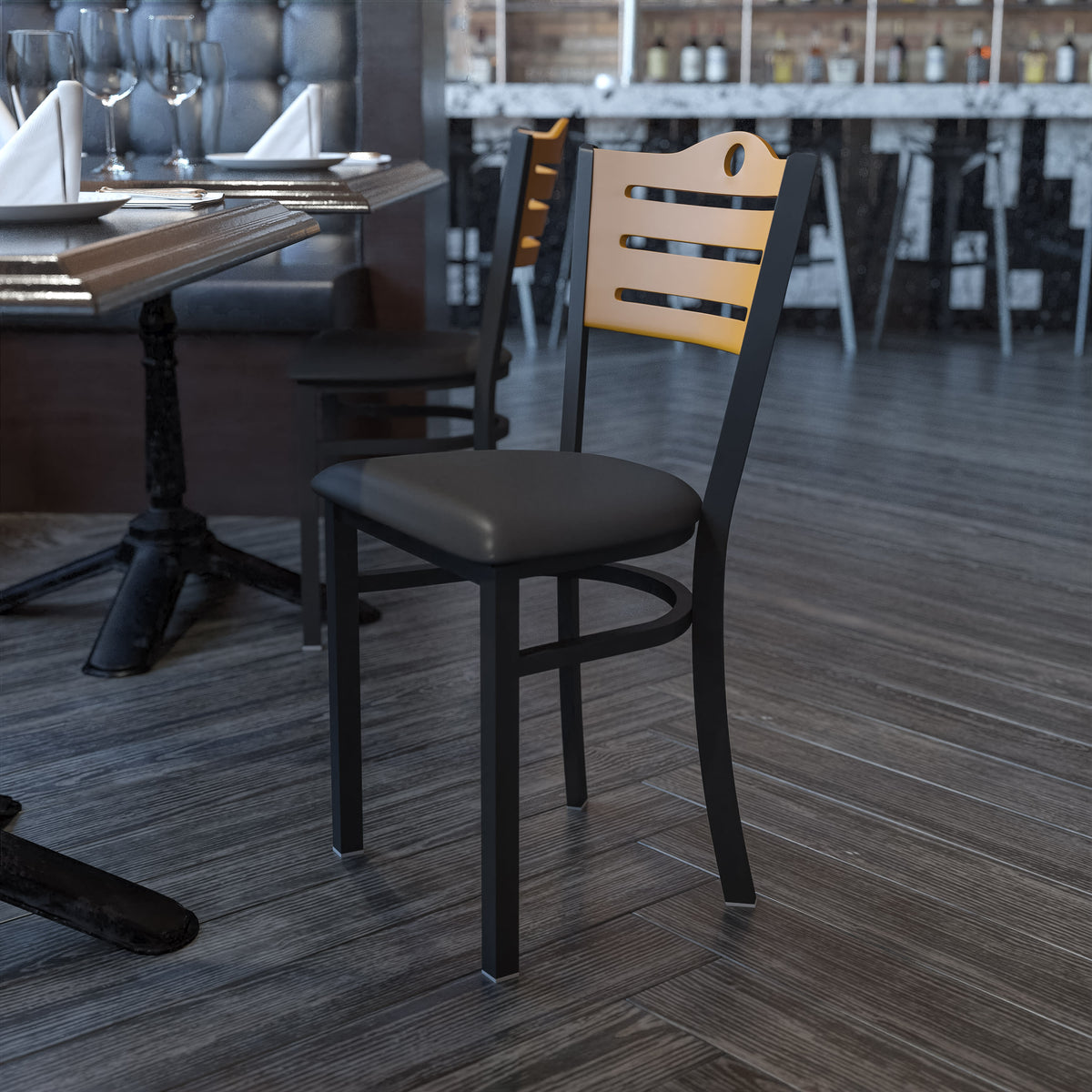 Natural Wood Back/Black Vinyl Seat/Black Metal Frame |#| Black Slat Back Metal Restaurant Chair - Natural Wood Back, Black Vinyl Seat