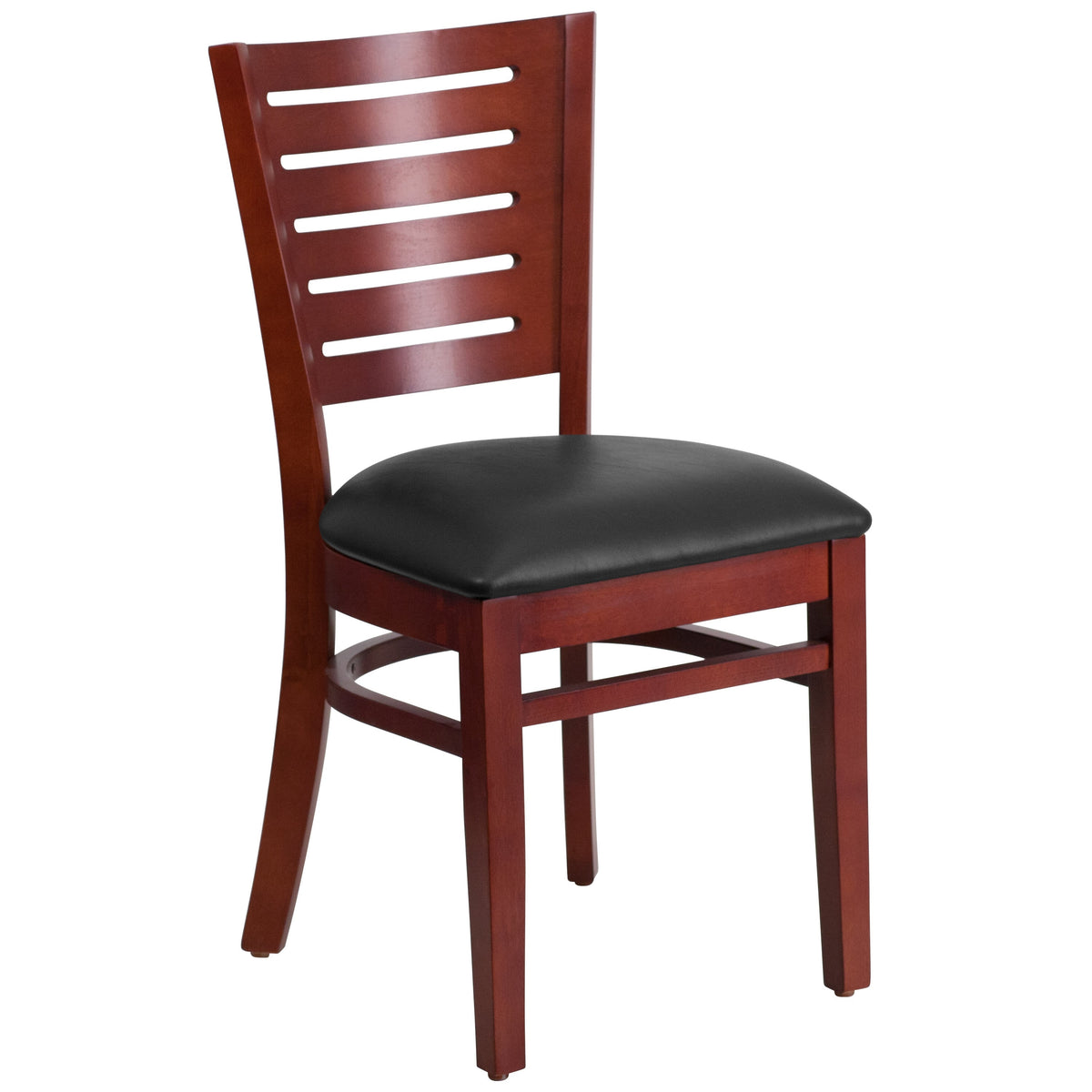 Black Vinyl Seat/Mahogany Wood Frame |#| Slat Back Mahogany Wood Restaurant Chair - Black Vinyl Seat