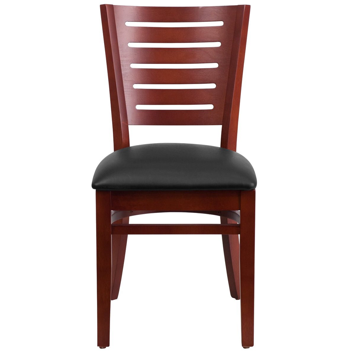 Black Vinyl Seat/Mahogany Wood Frame |#| Slat Back Mahogany Wood Restaurant Chair - Black Vinyl Seat