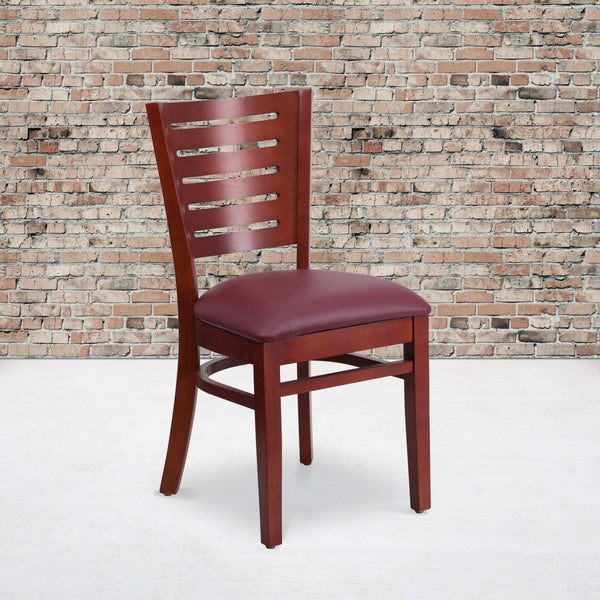 Burgundy Vinyl Seat/Mahogany Wood Frame |#| Slat Back Mahogany Wood Restaurant Chair - Burgundy Vinyl Seat