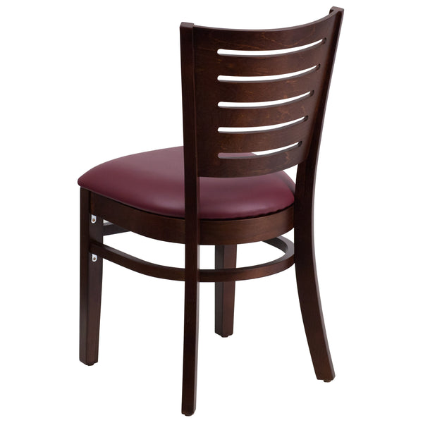 Burgundy Vinyl Seat/Walnut Wood Frame |#| Slat Back Walnut Wood Restaurant Chair - Burgundy Vinyl Seat