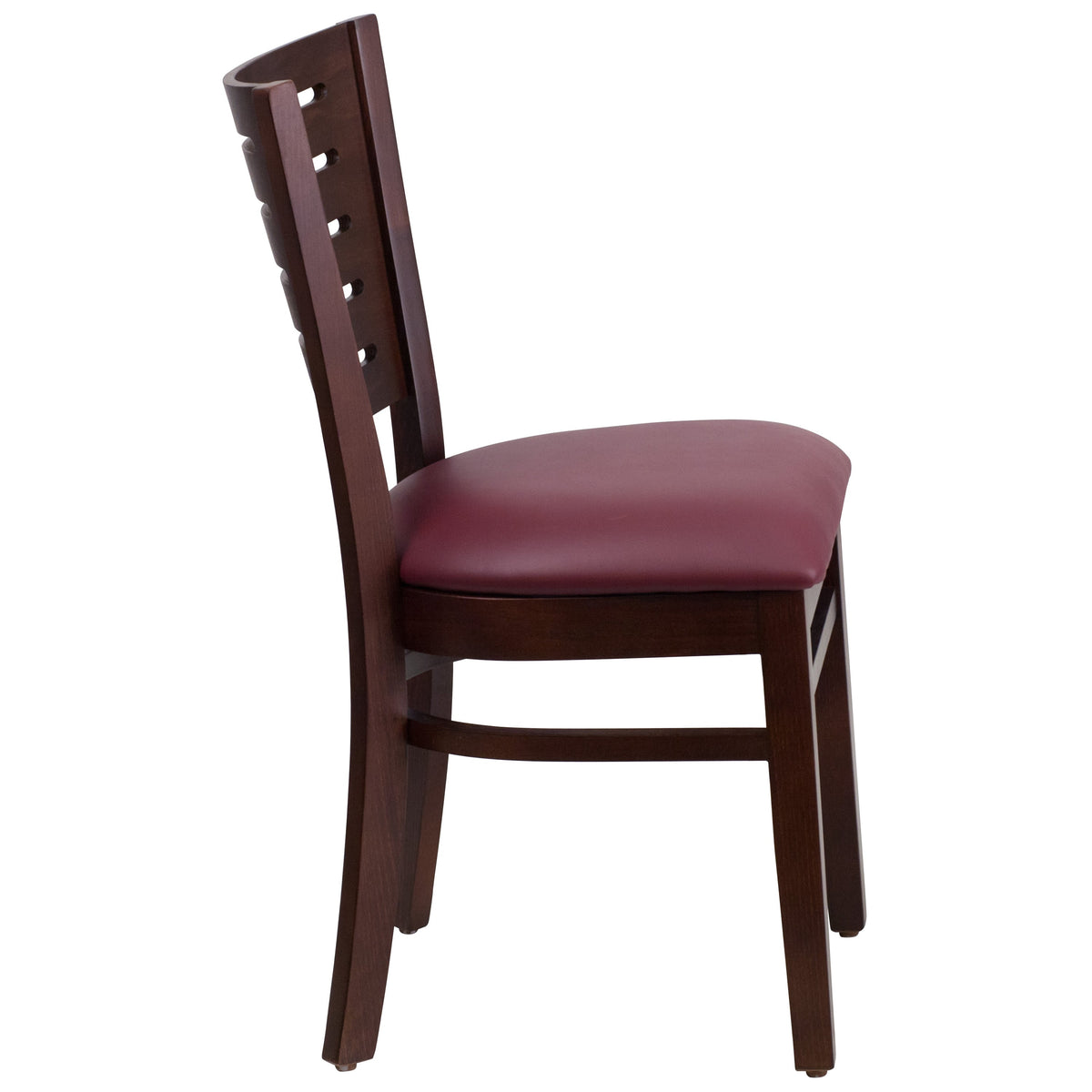 Burgundy Vinyl Seat/Walnut Wood Frame |#| Slat Back Walnut Wood Restaurant Chair - Burgundy Vinyl Seat