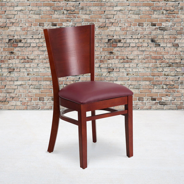 Burgundy Vinyl Seat/Mahogany Wood Frame |#| Solid Back Mahogany Wood Restaurant Chair - Burgundy Vinyl Seat