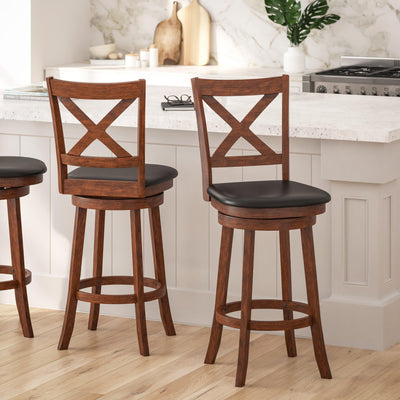 Sora 30" Classic Wooden Crossback Swivel Bar Height Pub Stool with Upholstered Padded Seat and Integrated Footrest - View 2