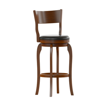 Tally 30" Classic Wooden Open Back Swivel Bar Height Pub Stool with Upholstered Padded Seat and Integrated Footrest - View 1