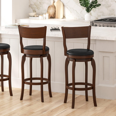 Tally 30" Classic Wooden Open Back Swivel Bar Height Pub Stool with Upholstered Padded Seat and Integrated Footrest - View 2