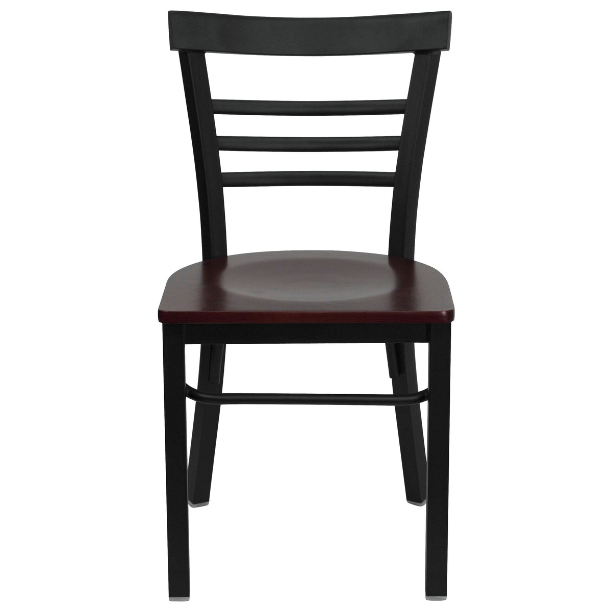 Mahogany Wood Seat/Black Metal Frame |#| Black Three-Slat Ladder Back Metal Restaurant Chair - Mahogany Wood Seat