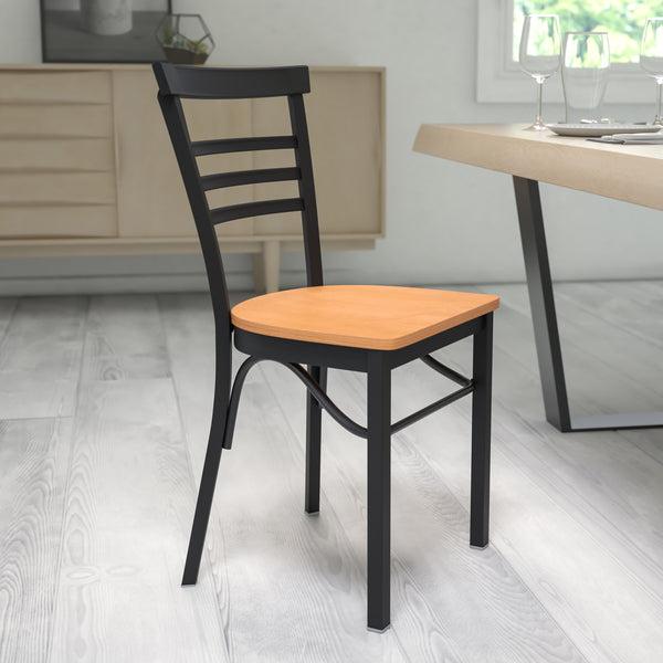 Natural Wood Seat/Black Metal Frame |#| Black Three-Slat Ladder Back Metal Restaurant Chair - Natural Wood Seat