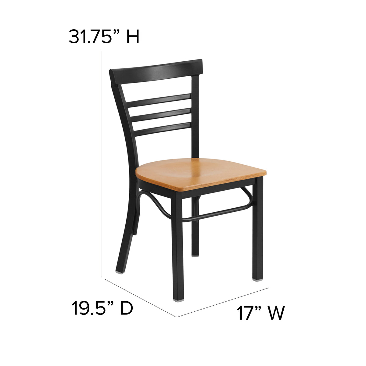 Natural Wood Seat/Black Metal Frame |#| Black Three-Slat Ladder Back Metal Restaurant Chair - Natural Wood Seat