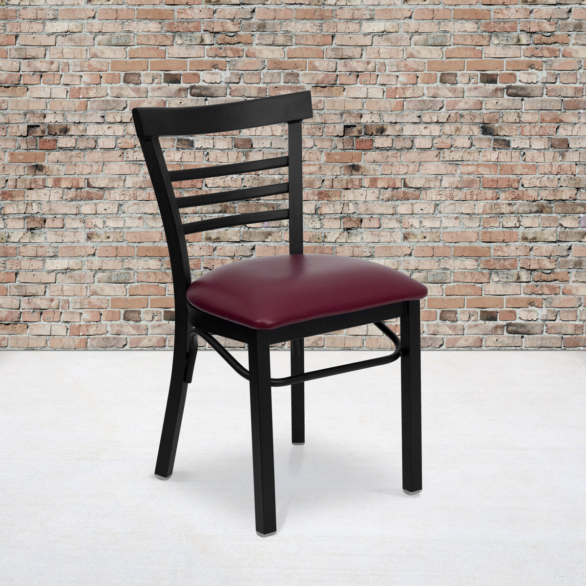 Burgundy Vinyl Seat/Black Metal Frame |#| Black Three-Slat Ladder Back Metal Restaurant Chair - Burgundy Vinyl Seat