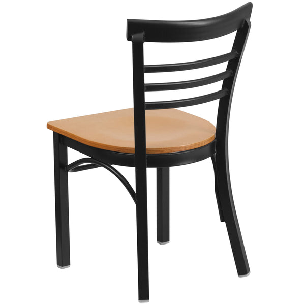 Natural Wood Seat/Black Metal Frame |#| Black Three-Slat Ladder Back Metal Restaurant Chair - Natural Wood Seat