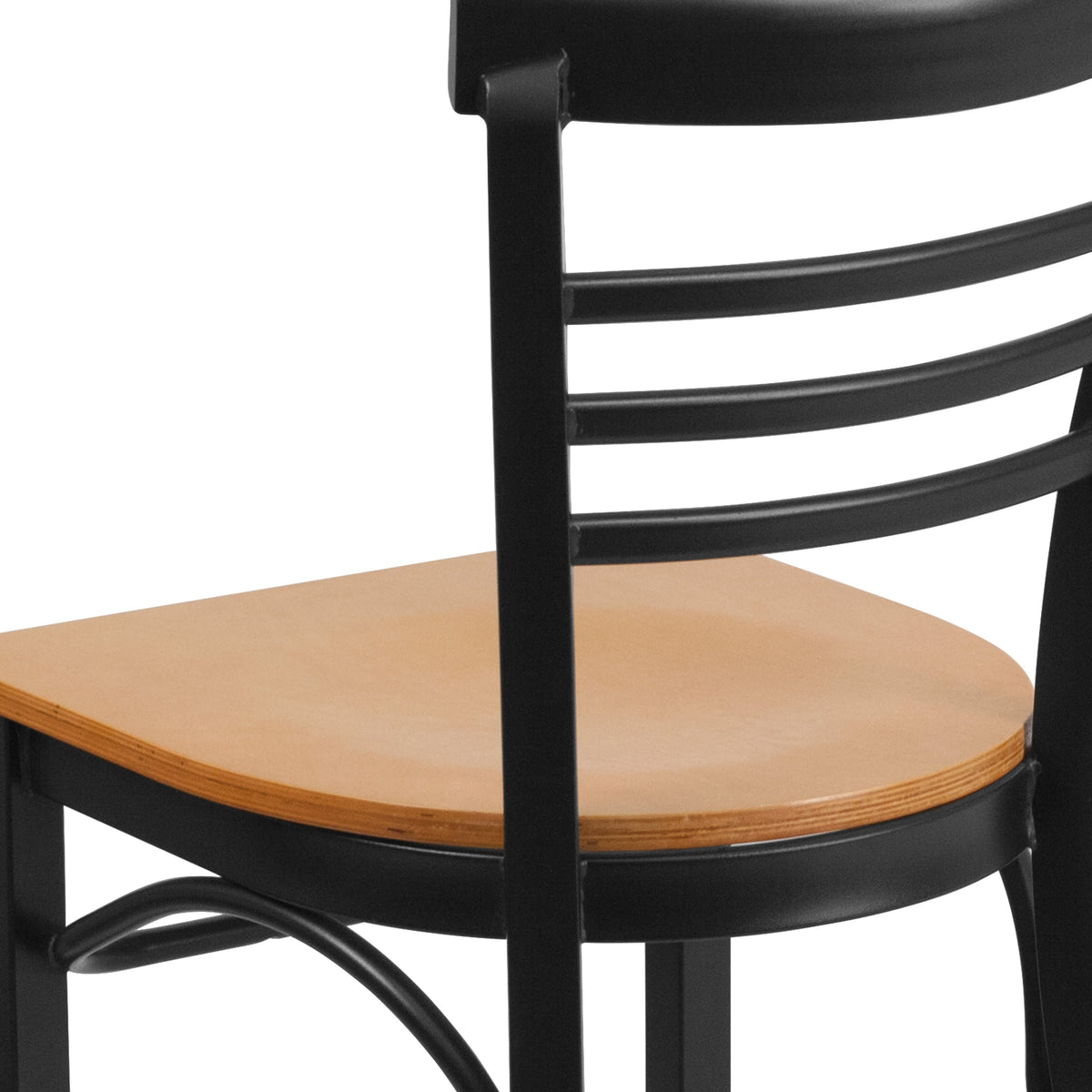 Natural Wood Seat/Black Metal Frame |#| Black Three-Slat Ladder Back Metal Restaurant Chair - Natural Wood Seat