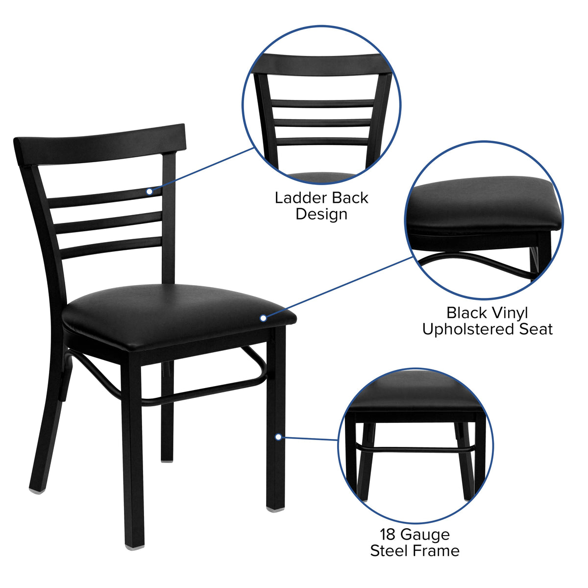 Black Vinyl Seat/Black Metal Frame |#| Black Three-Slat Ladder Back Metal Restaurant Chair - Black Vinyl Seat