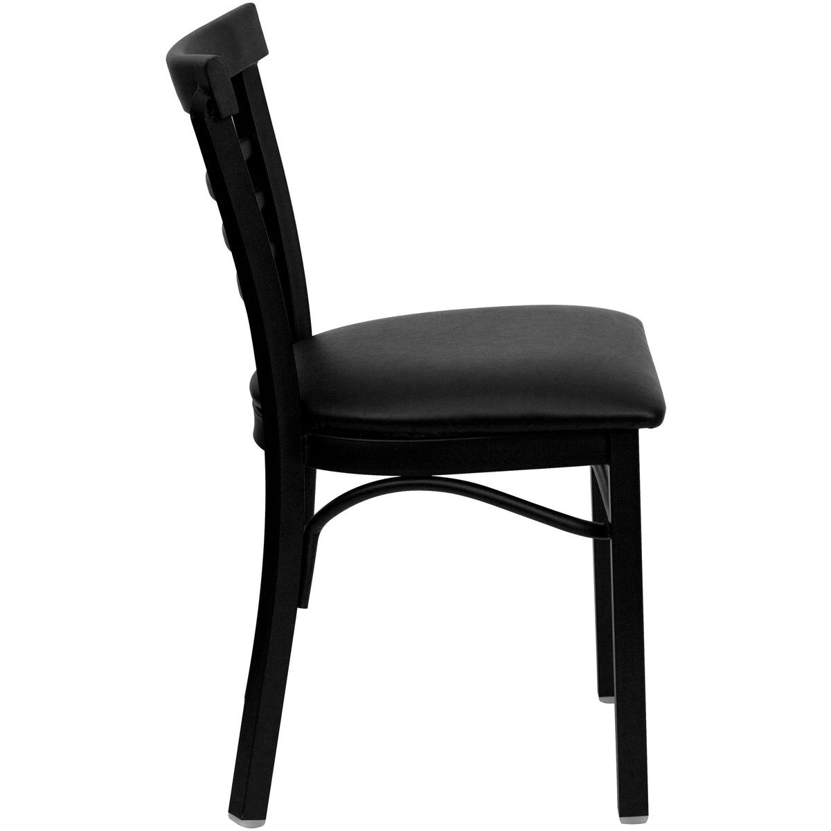 Black Vinyl Seat/Black Metal Frame |#| Black Three-Slat Ladder Back Metal Restaurant Chair - Black Vinyl Seat