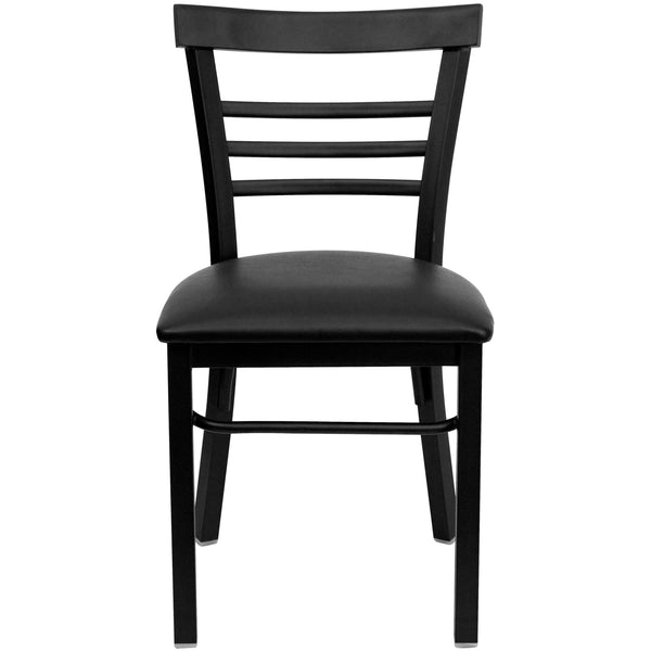 Black Vinyl Seat/Black Metal Frame |#| Black Three-Slat Ladder Back Metal Restaurant Chair - Black Vinyl Seat