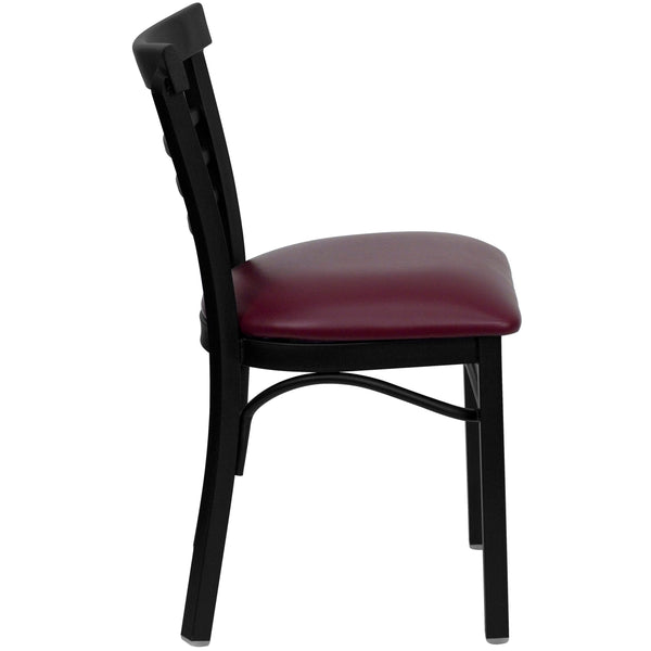 Burgundy Vinyl Seat/Black Metal Frame |#| Black Three-Slat Ladder Back Metal Restaurant Chair - Burgundy Vinyl Seat