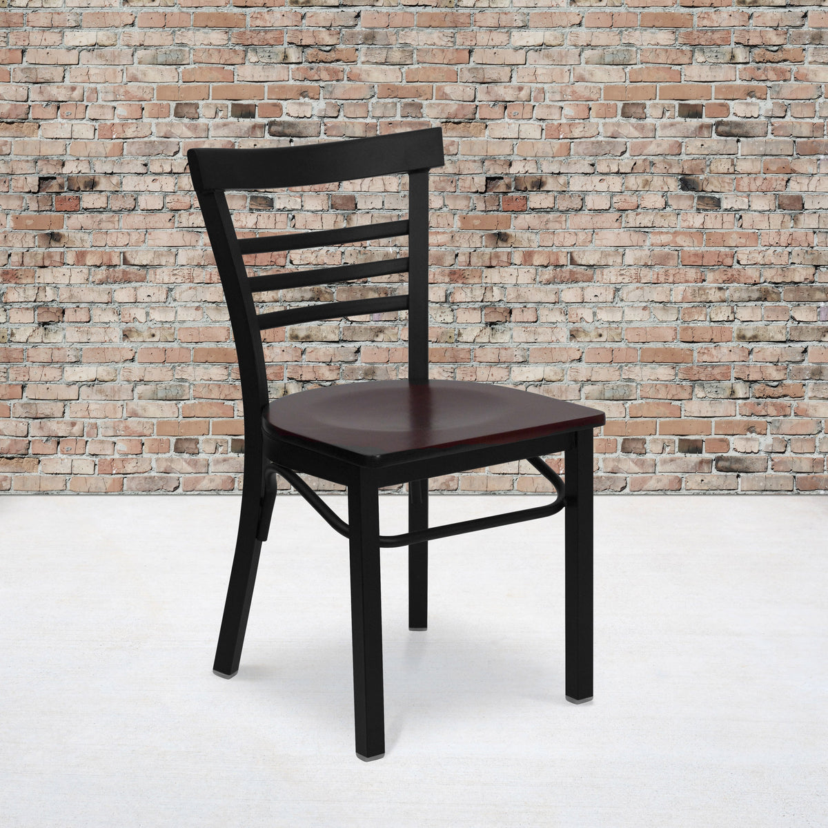 Mahogany Wood Seat/Black Metal Frame |#| Black Three-Slat Ladder Back Metal Restaurant Chair - Mahogany Wood Seat