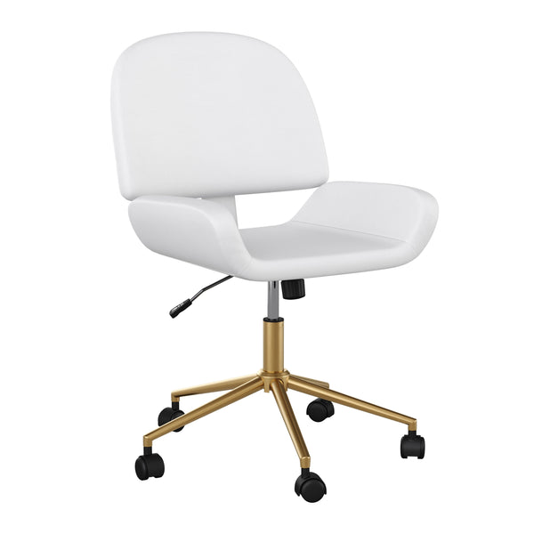 White Faux Leather/Polished Brass |#| Faux Leather Armless Swivel Home Office Chair - White/Polished Brass