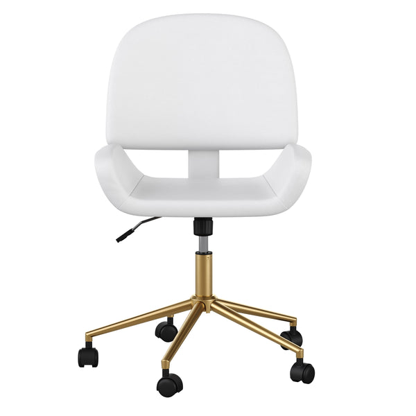 White Faux Leather/Polished Brass |#| Faux Leather Armless Swivel Home Office Chair - White/Polished Brass