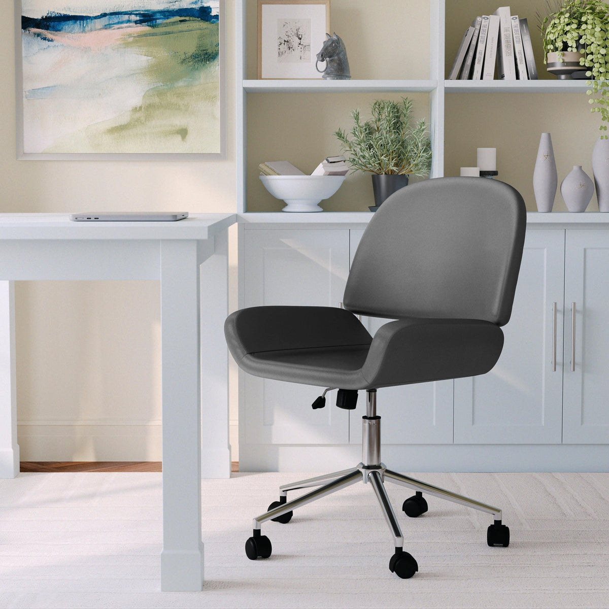 Gray Faux Leather/Polished Nickel |#| Faux Leather Armless Swivel Home Office Chair - Gray/Polished Nickel