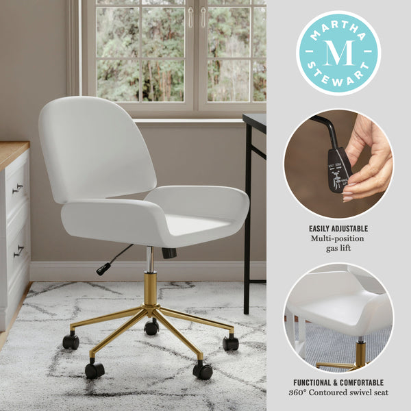 White Faux Leather/Polished Brass |#| Faux Leather Armless Swivel Home Office Chair - White/Polished Brass