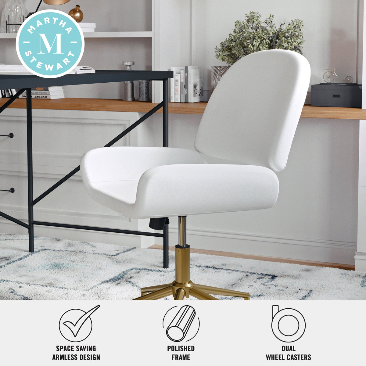 White Faux Leather/Polished Brass |#| Faux Leather Armless Swivel Home Office Chair - White/Polished Brass