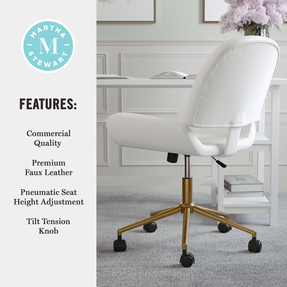 White Faux Leather/Polished Brass |#| Faux Leather Armless Swivel Home Office Chair - White/Polished Brass