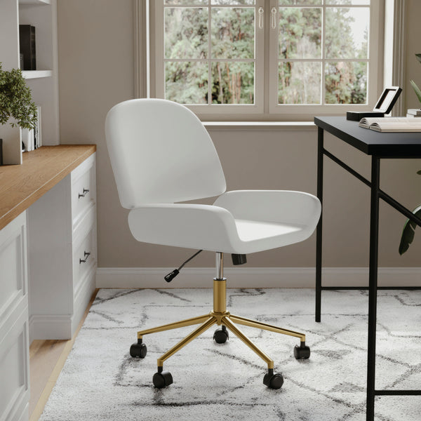 White Faux Leather/Polished Brass |#| Faux Leather Armless Swivel Home Office Chair - White/Polished Brass