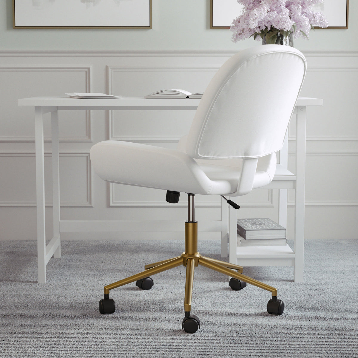 White Faux Leather/Polished Brass |#| Faux Leather Armless Swivel Home Office Chair - White/Polished Brass