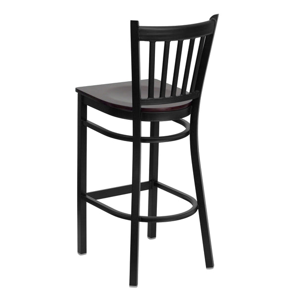 Mahogany Wood Seat/Black Metal Frame |#| Black Vertical Back Metal Restaurant Barstool - Mahogany Wood Seat