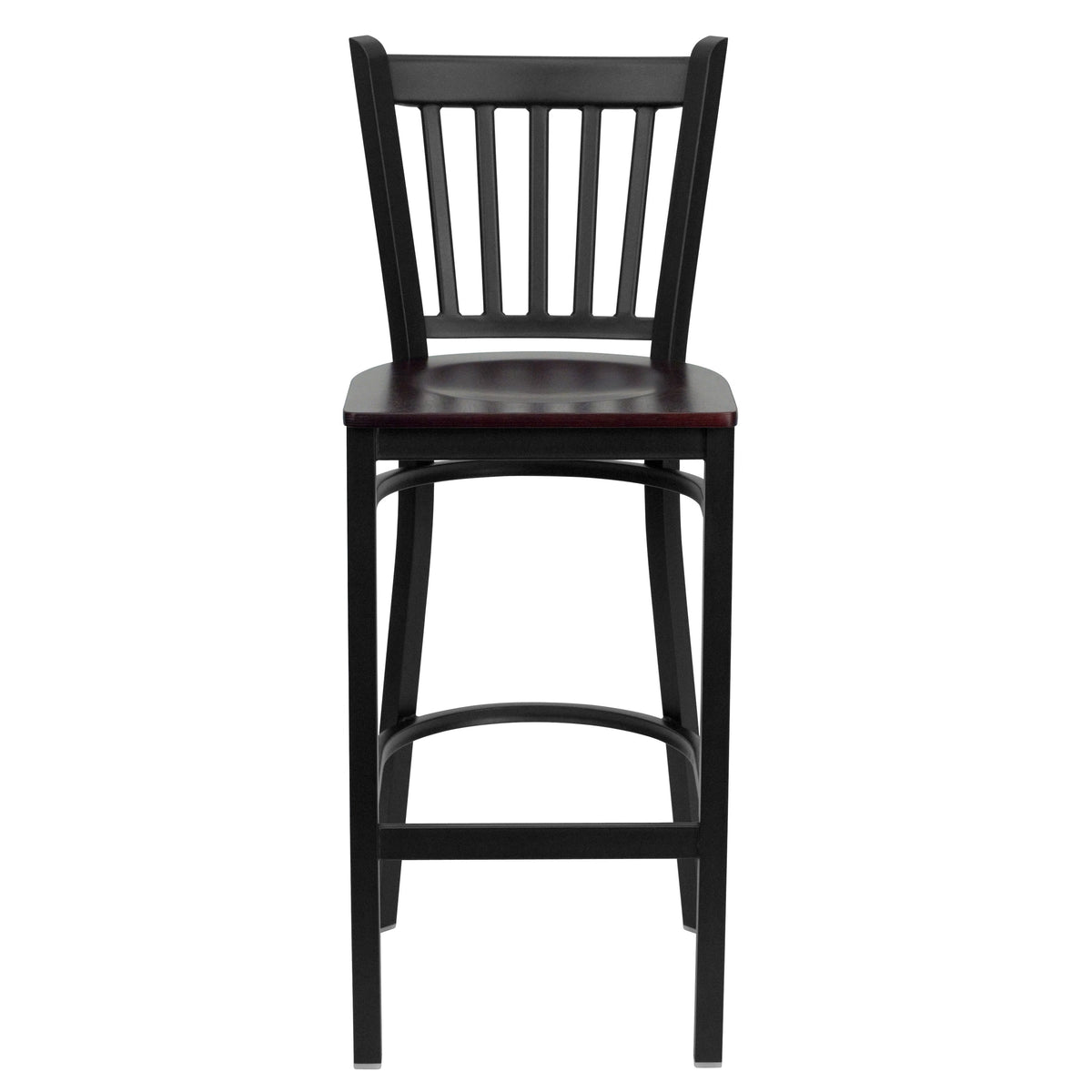 Mahogany Wood Seat/Black Metal Frame |#| Black Vertical Back Metal Restaurant Barstool - Mahogany Wood Seat