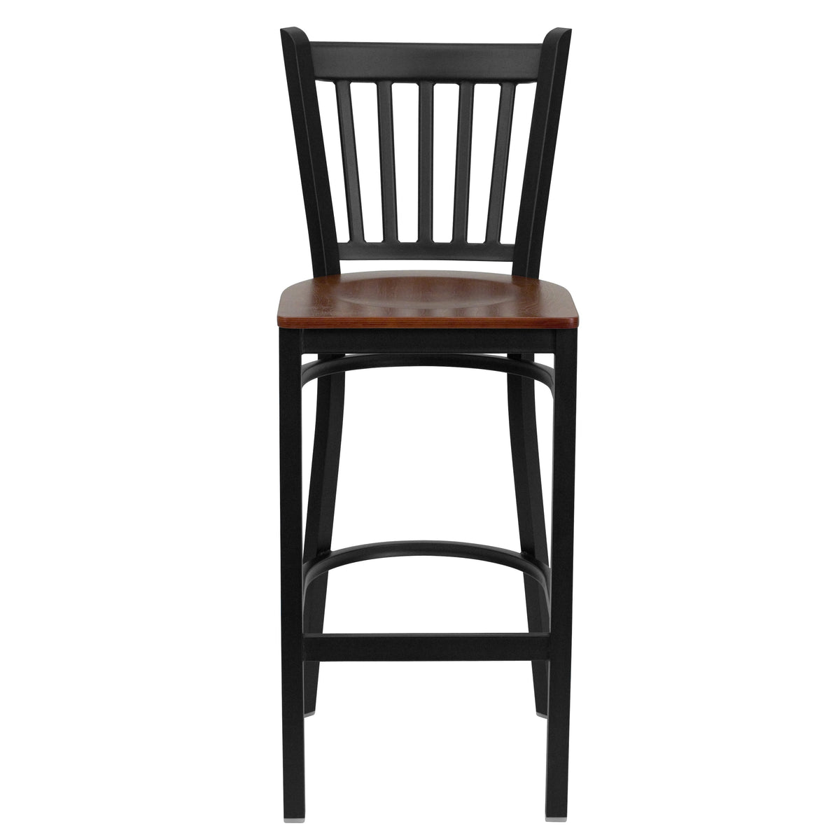 Cherry Wood Seat/Black Metal Frame |#| Black Vertical Back Metal Restaurant Barstool - Cherry Wood Seat