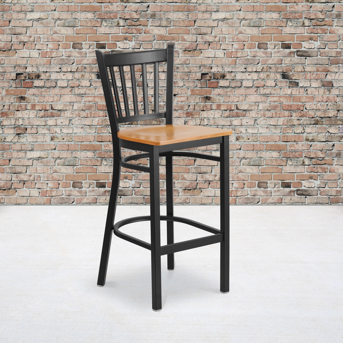 Natural Wood Seat/Black Metal Frame |#| Black Vertical Back Metal Restaurant Barstool - Natural Wood Seat