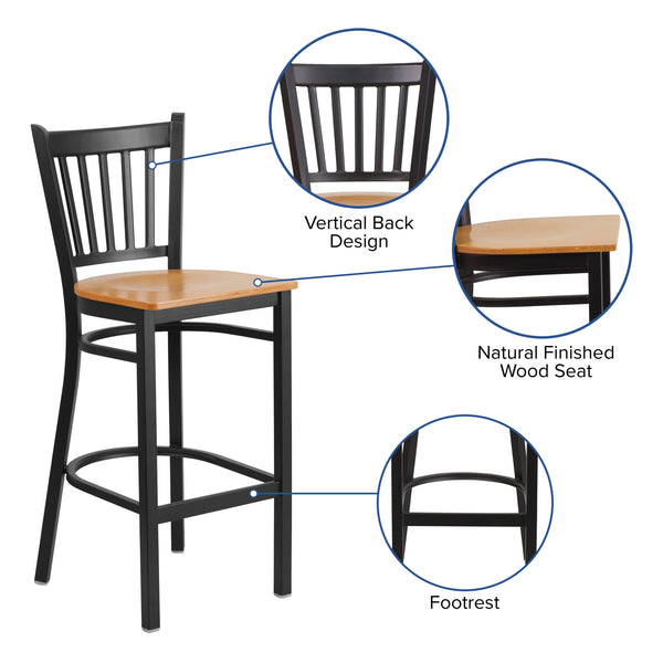 Natural Wood Seat/Black Metal Frame |#| Black Vertical Back Metal Restaurant Barstool - Natural Wood Seat