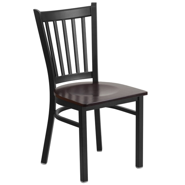 Walnut Wood Seat/Black Metal Frame |#| Black Vertical Back Metal Restaurant Chair - Walnut Wood Seat