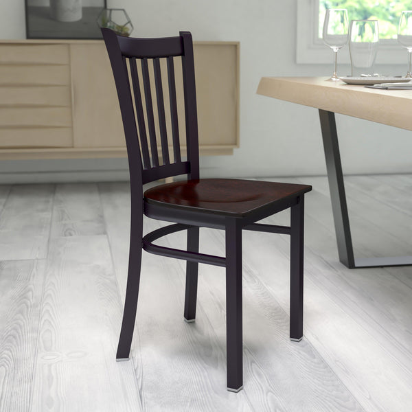 Walnut Wood Seat/Black Metal Frame |#| Black Vertical Back Metal Restaurant Chair - Walnut Wood Seat