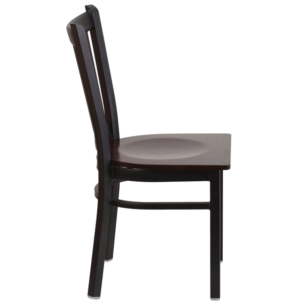 Walnut Wood Seat/Black Metal Frame |#| Black Vertical Back Metal Restaurant Chair - Walnut Wood Seat