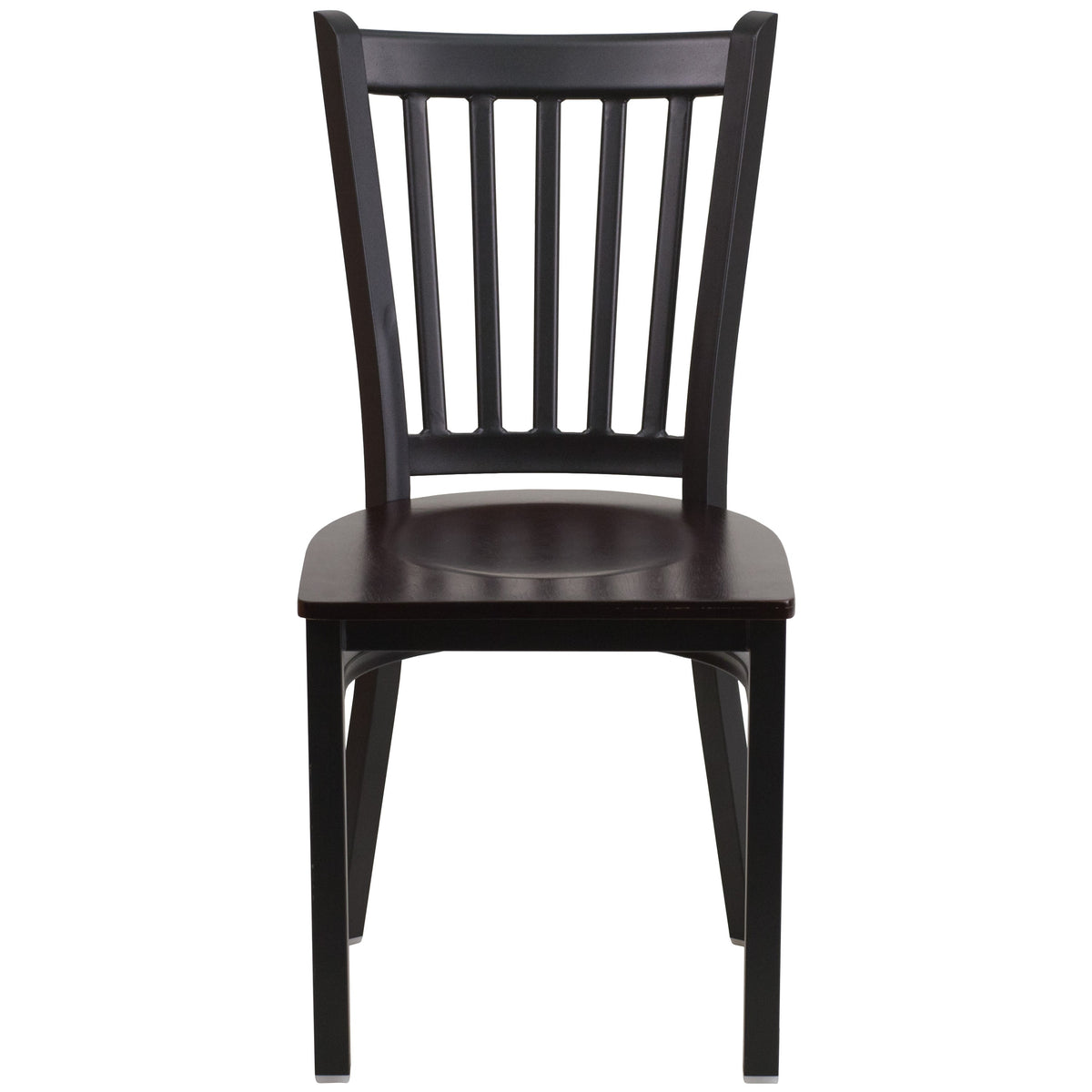 Walnut Wood Seat/Black Metal Frame |#| Black Vertical Back Metal Restaurant Chair - Walnut Wood Seat