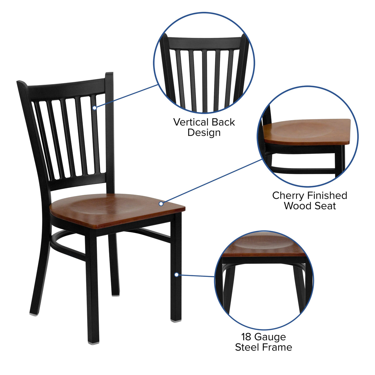 Cherry Wood Seat/Black Metal Frame |#| Black Vertical Back Metal Restaurant Chair - Cherry Wood Seat