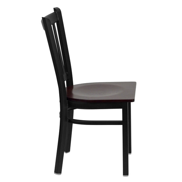 Mahogany Wood Seat/Black Metal Frame |#| Black Vertical Back Metal Restaurant Chair - Mahogany Wood Seat