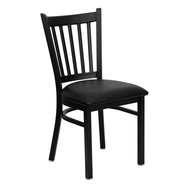 Black Vinyl Seat/Black Metal Frame |#| Black Vertical Back Metal Restaurant Chair - Black Vinyl Seat