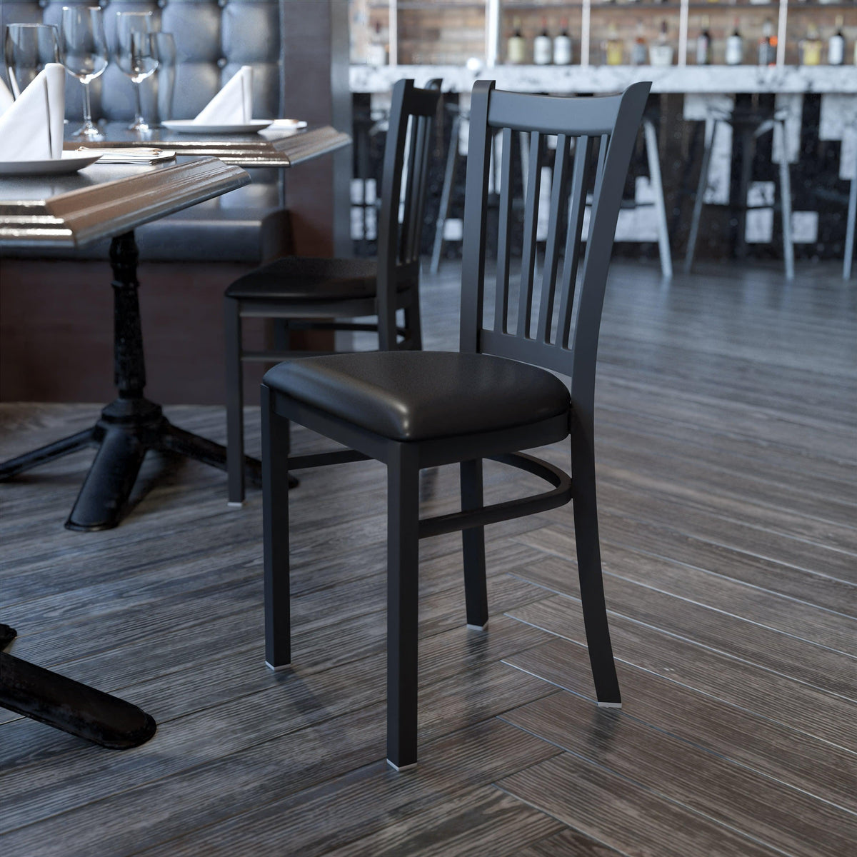 Black Vinyl Seat/Black Metal Frame |#| Black Vertical Back Metal Restaurant Chair - Black Vinyl Seat