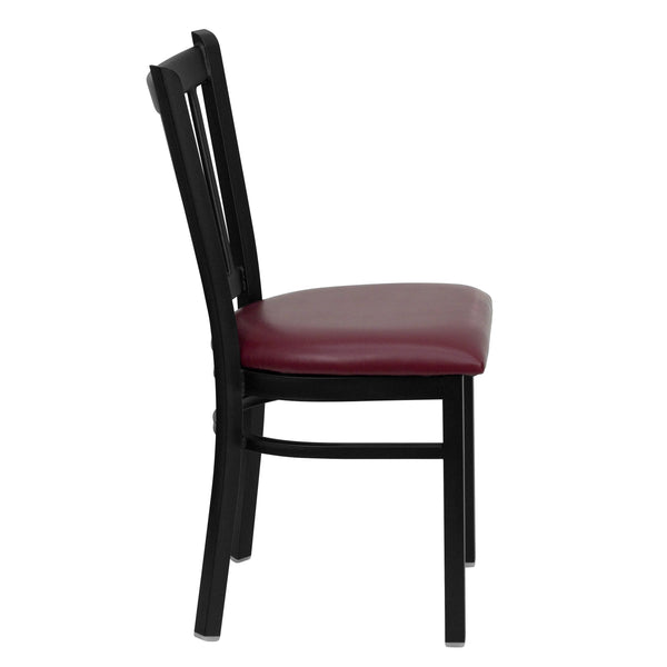 Burgundy Vinyl Seat/Black Metal Frame |#| Black Vertical Back Metal Restaurant Chair - Burgundy Vinyl Seat