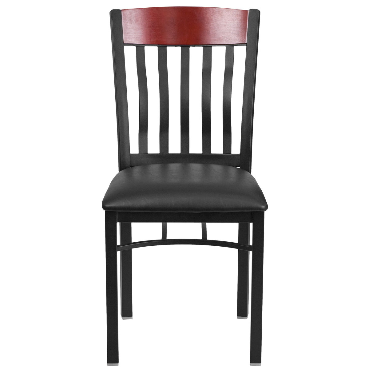 Mahogany |#| Vertical Back Black Metal & Mahogany Wood Restaurant Chair with Black Vinyl Seat