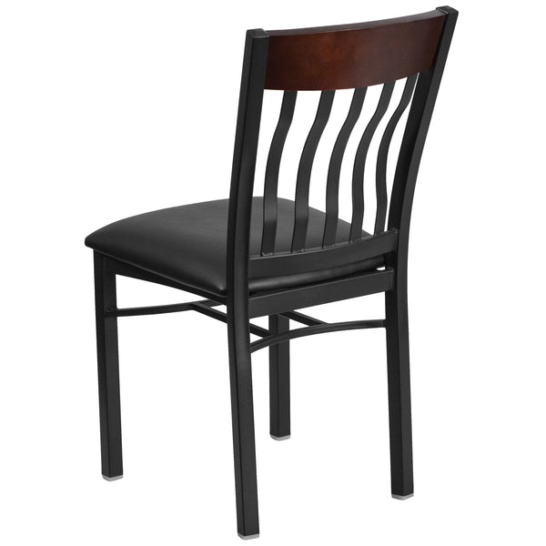 Walnut |#| Vertical Back Black Metal and Walnut Wood Restaurant Chair with Black Vinyl Seat