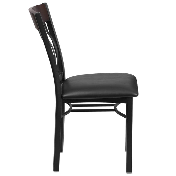 Walnut |#| Vertical Back Black Metal and Walnut Wood Restaurant Chair with Black Vinyl Seat