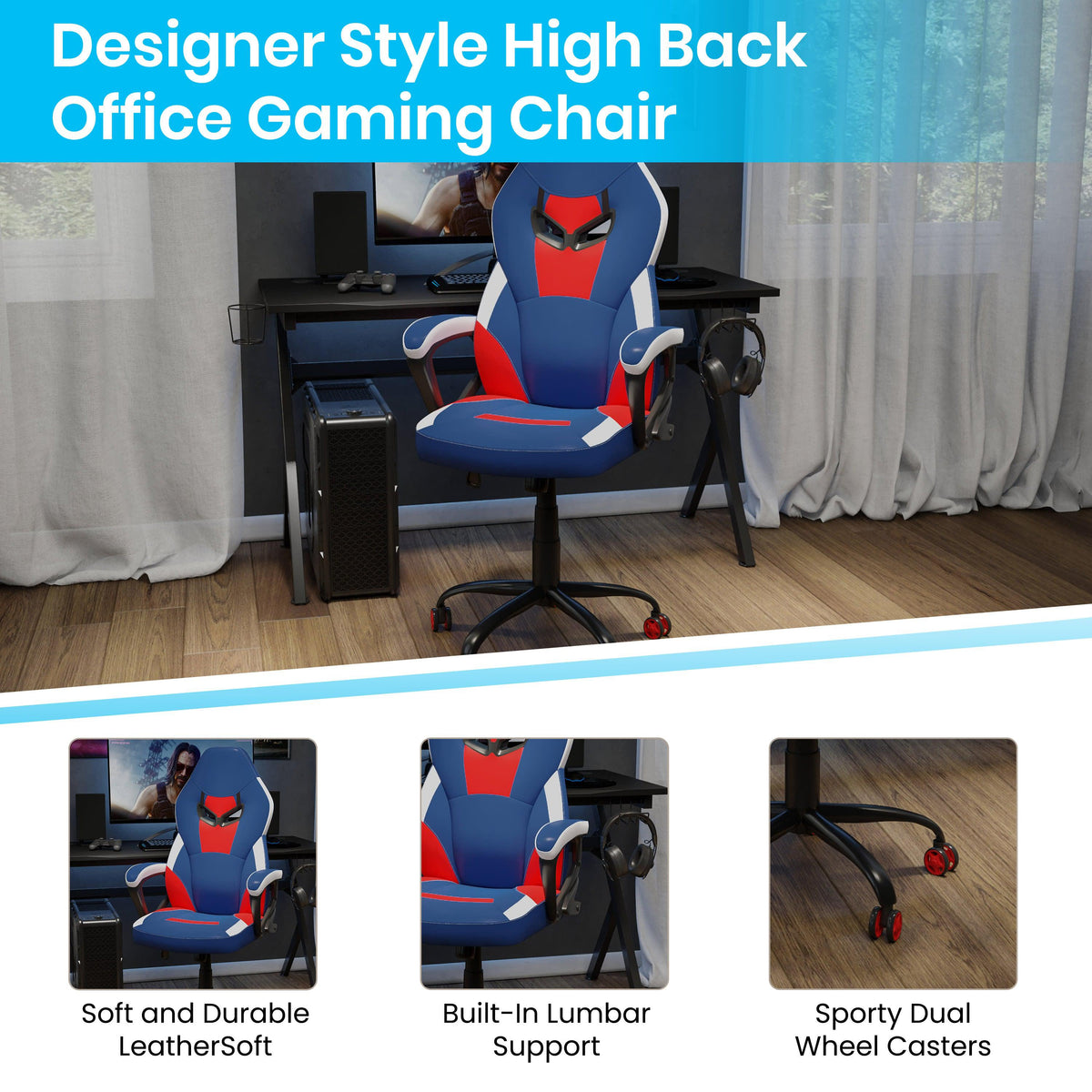 Faux Leather Upholstered Gaming Chair with Padded Flip-Up Arms in Red and Blue