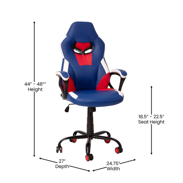 Faux Leather Upholstered Gaming Chair with Padded Flip-Up Arms in Red and Blue