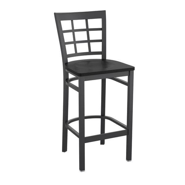 Black Wood Seat/Black Metal Frame |#| Black Window Back Metal Restaurant Barstool - Black Wood Seat